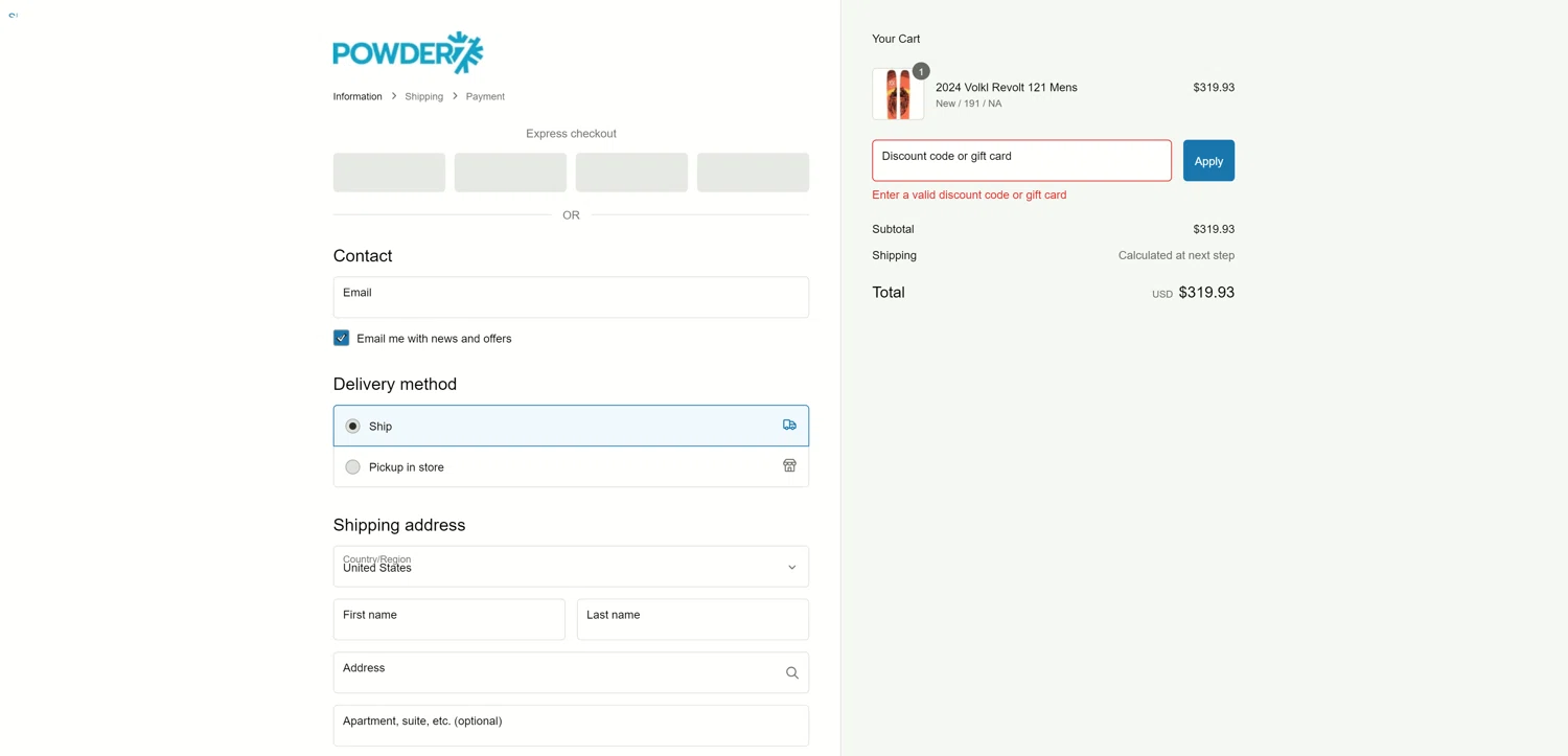 Powder7 discount code screenshot showing code 16BINDING50 applied at Powder7 checkout page. Uploaded by SimplyCodes community member EpicLegend237 on Feb 21, 2025