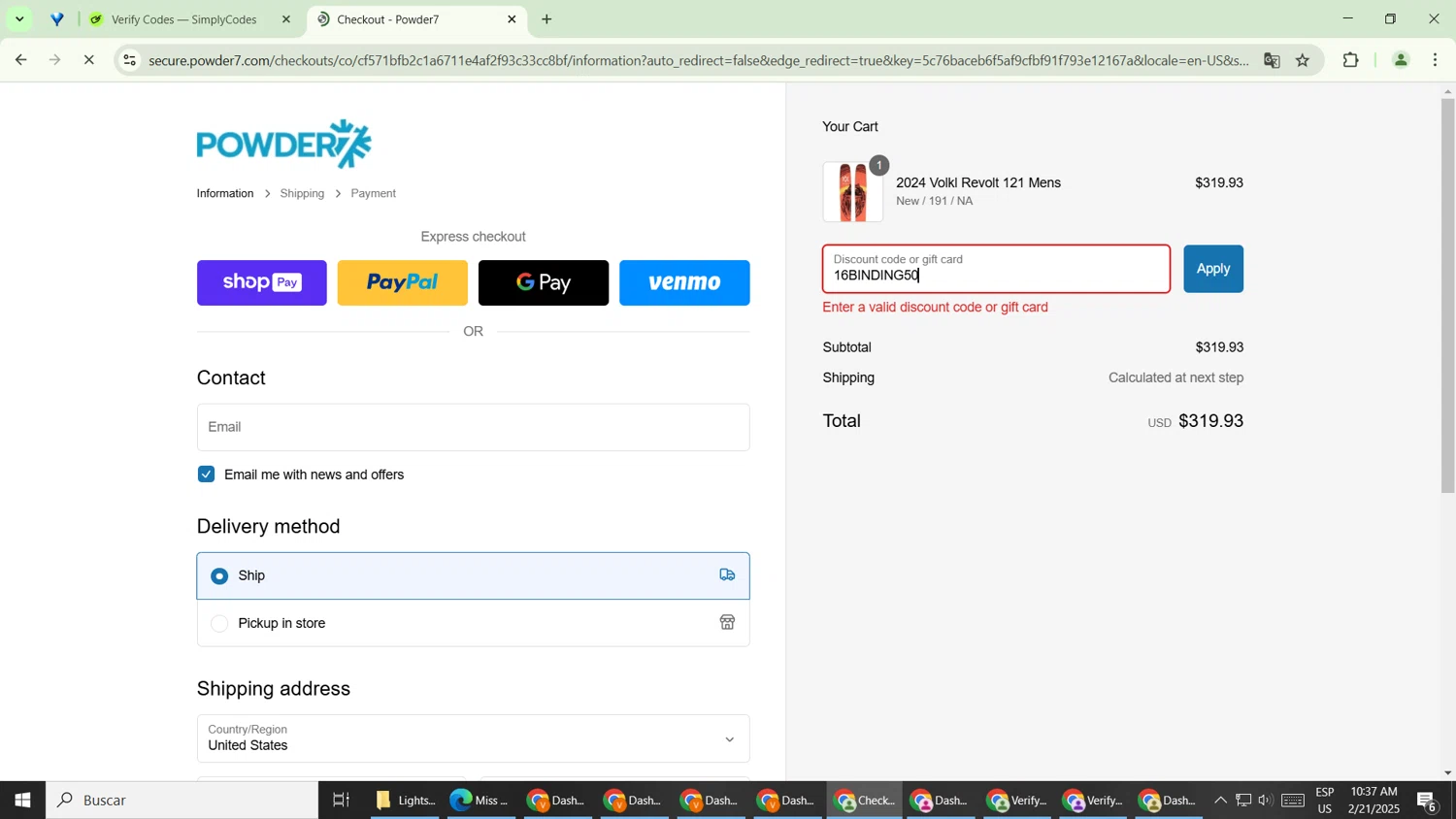 Powder7 discount code screenshot showing code 16BINDING50 applied at Powder7 checkout page. Uploaded by SimplyCodes community member MightyPro2893 on Feb 21, 2025