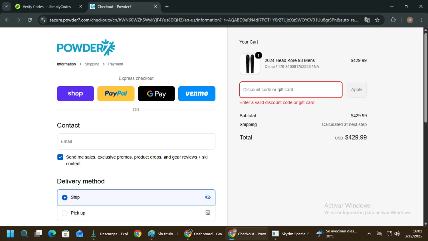 Powder7 discount code screenshot showing code ROPEDUCKER25 applied at Powder7 checkout page. Uploaded by SimplyCodes community member VoucherSpotter7661 on Dec 3, 2025