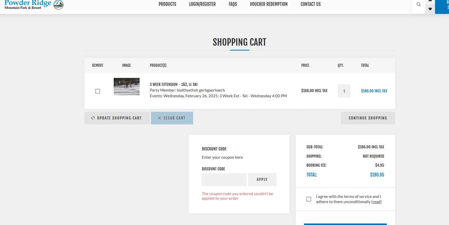 Powder Ridge Park promo code screenshot showing code 20OFF applied at Powder Ridge Park checkout page. Uploaded by SimplyCodes community member Kmacho on Mar 3, 2025