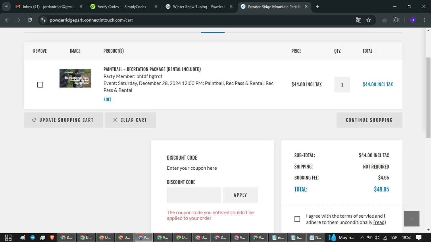 Powder Ridge Park checkout page showing Powder Ridge Park promo code box | Screenshot taken by SimplyCodes community member on Dec 20, 2024