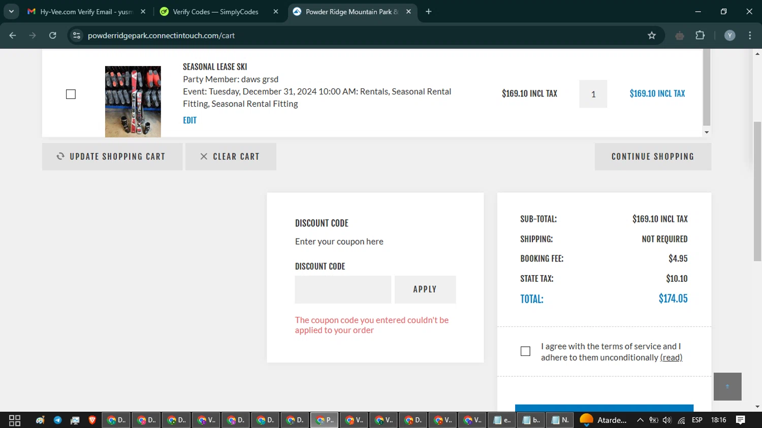 Powder Ridge Park checkout page showing Powder Ridge Park promo code box | Screenshot taken by SimplyCodes community member on Dec 30, 2024