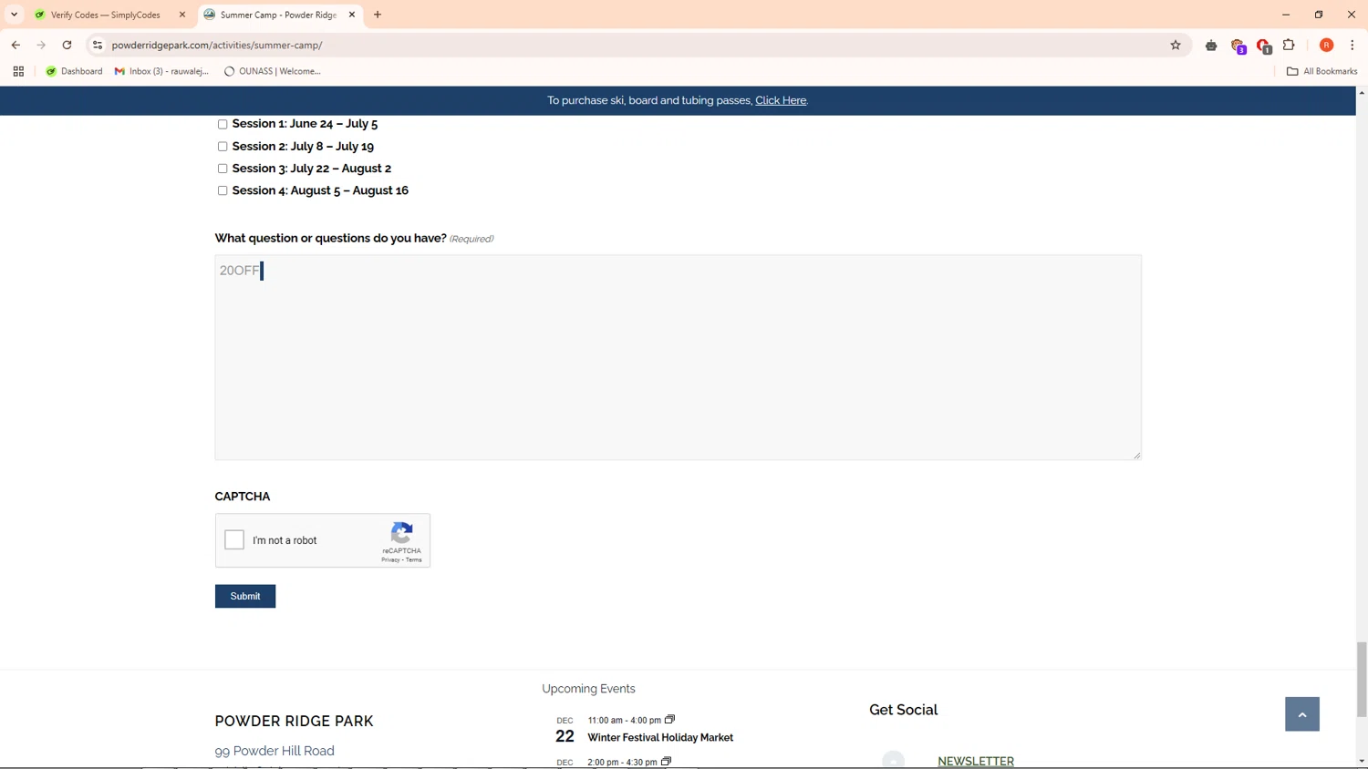 Powder Ridge Park checkout page showing Powder Ridge Park promo code box | Screenshot taken by SimplyCodes community member on Dec 22, 2024