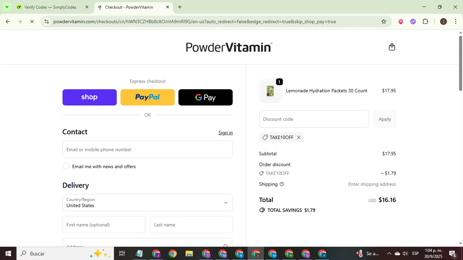 PowderVitamin coupon code screenshot showing code TAKE10OFF applied at PowderVitamin checkout page. Uploaded by SimplyCodes community member WonderEagle9833 on Sep 20, 2025