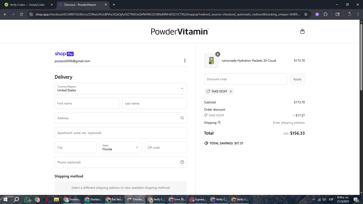 PowderVitamin coupon code screenshot showing code TAKE10OFF applied at PowderVitamin checkout page. Uploaded by SimplyCodes community member xxdddd on May 21, 2025