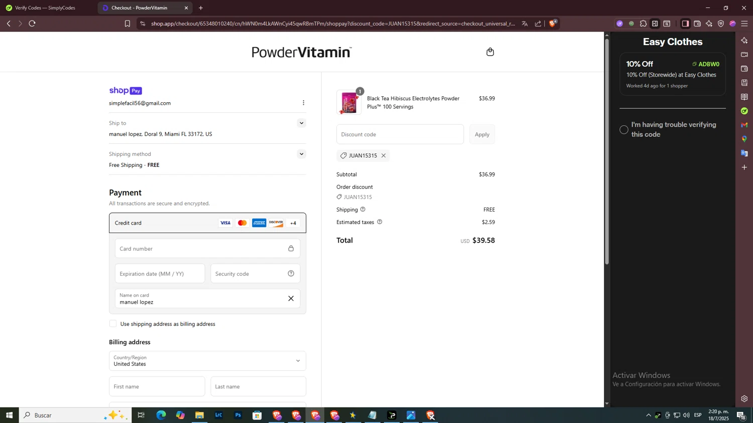 PowderVitamin coupon code screenshot showing code JUAN15315 applied at PowderVitamin checkout page. Uploaded by SimplyCodes community member ArtPOPO on Jul 18, 2025