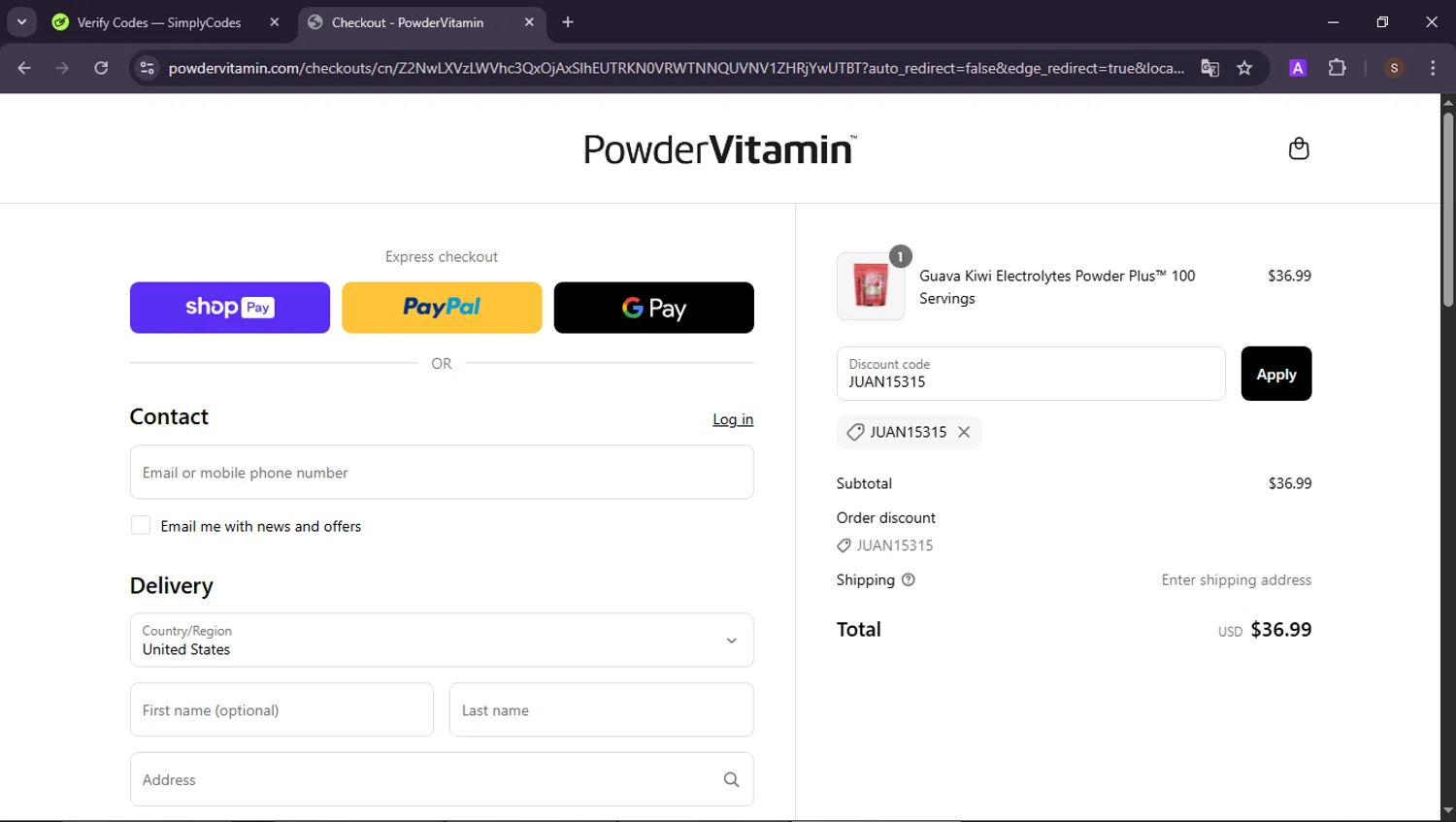 PowderVitamin coupon code screenshot showing code JUAN15315 applied at PowderVitamin checkout page. Uploaded by SimplyCodes community member ShieldAdmiral2781 on Jun 10, 2025