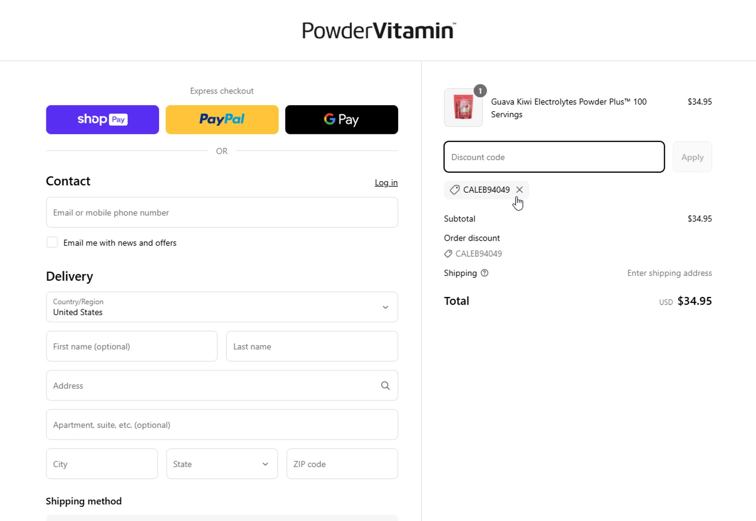 PowderVitamin coupon code screenshot showing code CALEB94049 applied at PowderVitamin checkout page. Uploaded by SimplyCodes community member DonGato on Mar 29, 2025