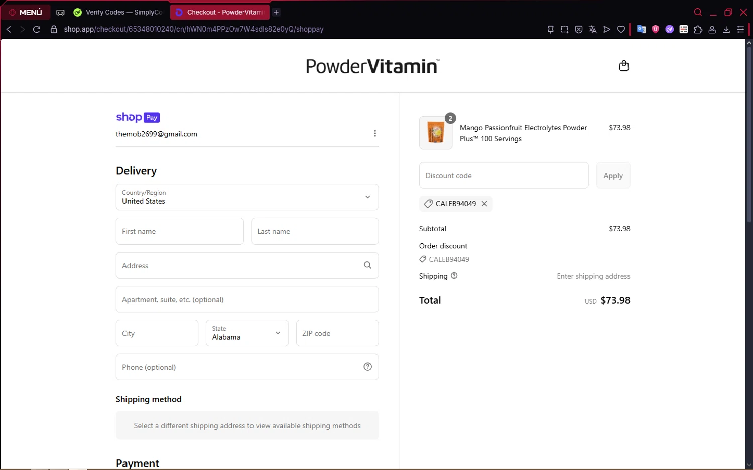 PowderVitamin coupon code screenshot showing code CALEB94049 applied at PowderVitamin checkout page. Uploaded by SimplyCodes community member FerminLopez on Jul 18, 2025