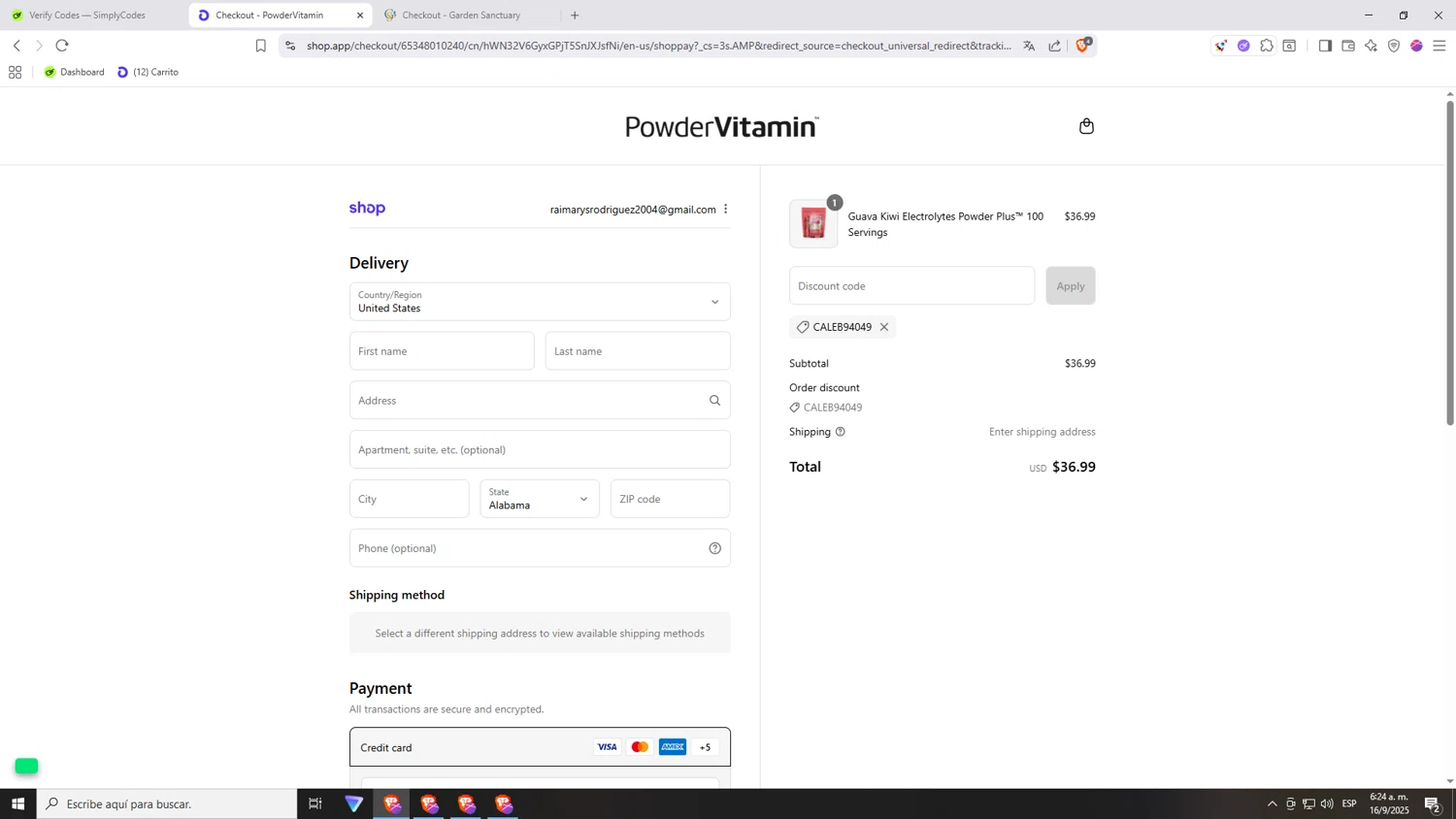 PowderVitamin coupon code screenshot showing code CALEB94049 applied at PowderVitamin checkout page. Uploaded by SimplyCodes community member Nezukooo on Sep 16, 2025