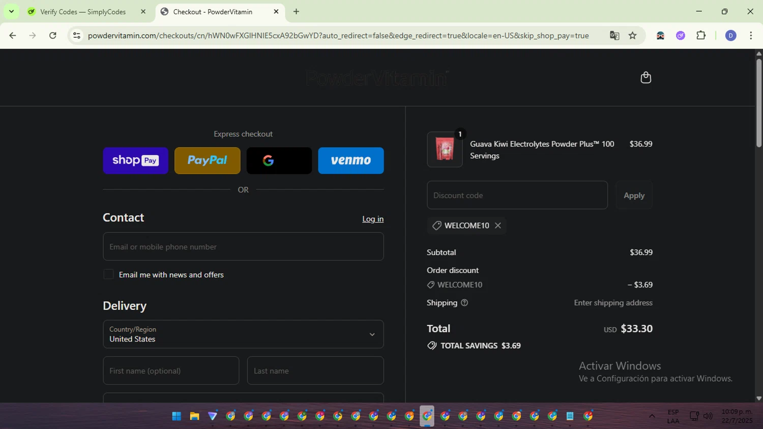 PowderVitamin coupon code screenshot showing code WELCOME10 applied at PowderVitamin checkout page. Uploaded by SimplyCodes community member VoucherTitan8325 on Jul 23, 2025