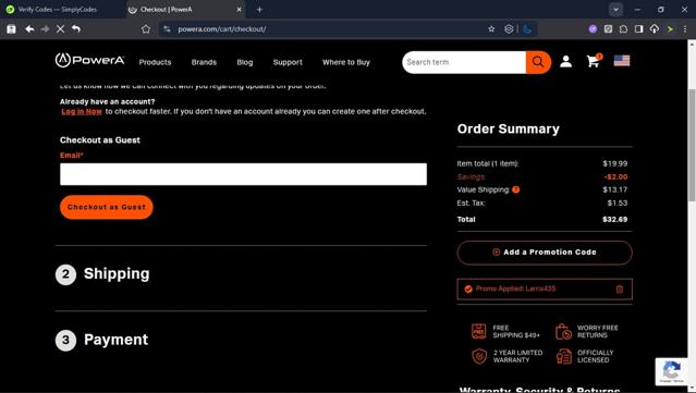 PowerA checkout page showing PowerA promo code box | Screenshot taken by SimplyCodes community member on Sep 5, 2025