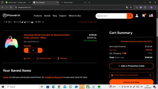PowerA checkout page showing PowerA promo code box | Screenshot taken by SimplyCodes community member on Sep 8, 2025