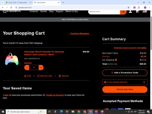 PowerA checkout page showing PowerA promo code box | Screenshot taken by SimplyCodes community member on Aug 22, 2025