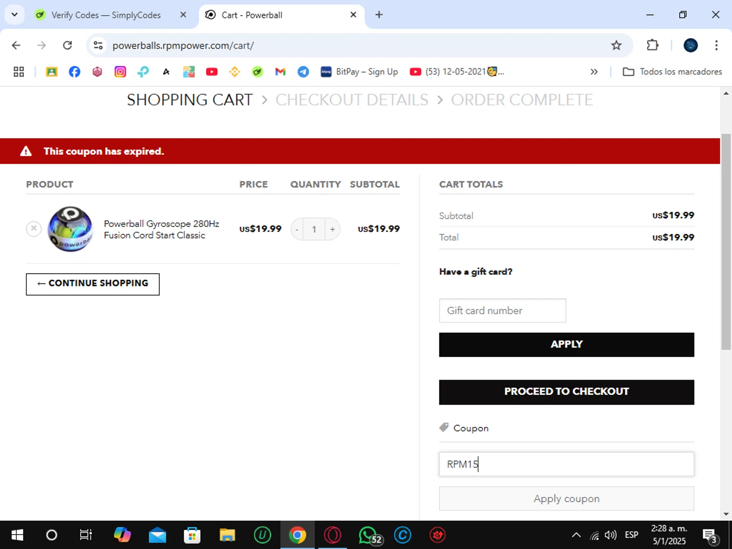 Powerballs.com promo code screenshot showing code RPM15 applied at Powerballs.com checkout page. Uploaded by SimplyCodes community member SunJinWoo on Jan 5, 2025