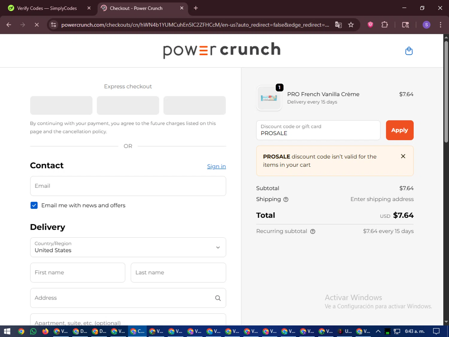 Power Crunch discount code screenshot showing code PROSALE applied at Power Crunch checkout page. Uploaded by SimplyCodes community member LuckyVoyager688 on Oct 27, 2025