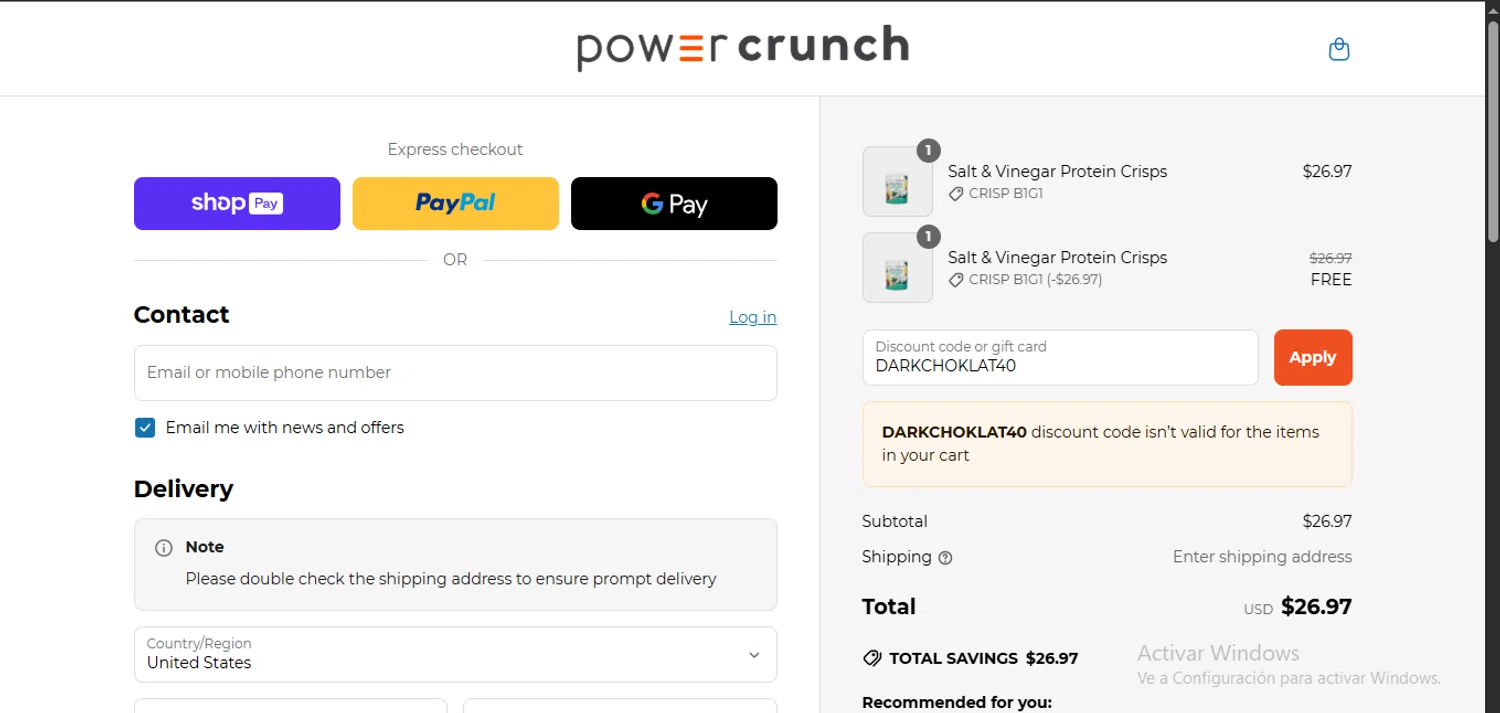 Power Crunch discount code screenshot showing code DARKCHOKLAT40 applied at Power Crunch checkout page. Uploaded by SimplyCodes community member RewardMaven959 on Jun 18, 2025