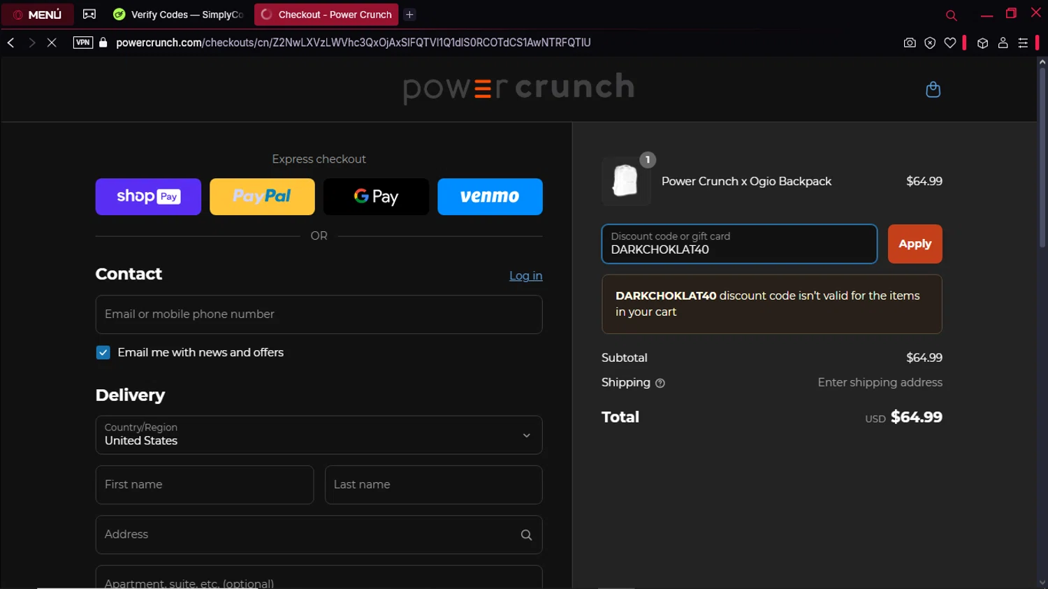 Power Crunch discount code screenshot showing code DARKCHOKLAT40 applied at Power Crunch checkout page. Uploaded by SimplyCodes community member Gabrielpato on Mar 31, 2025