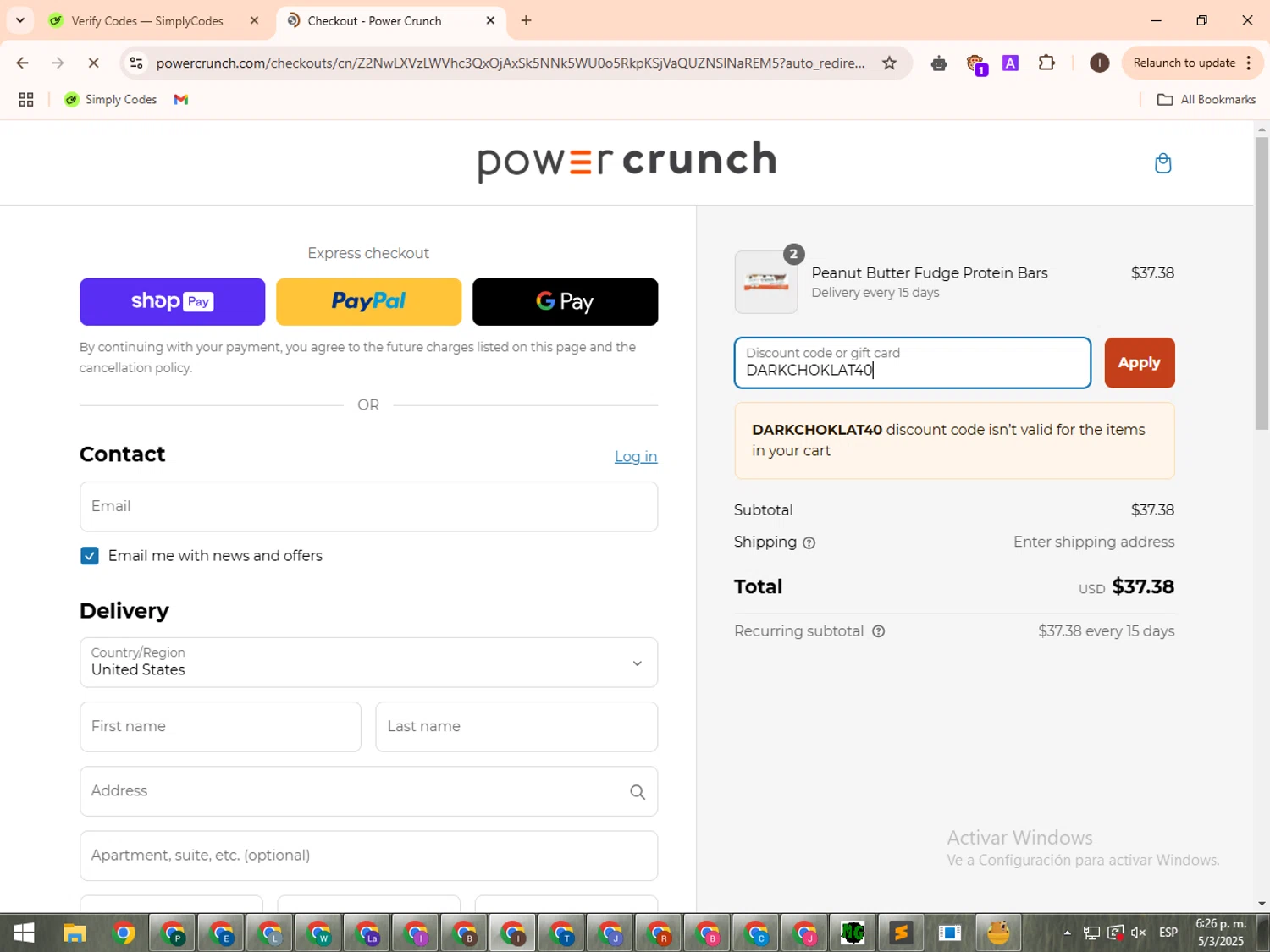 Power Crunch discount code screenshot showing code DARKCHOKLAT40 applied at Power Crunch checkout page. Uploaded by SimplyCodes community member TokenPioneer4483 on Mar 5, 2025