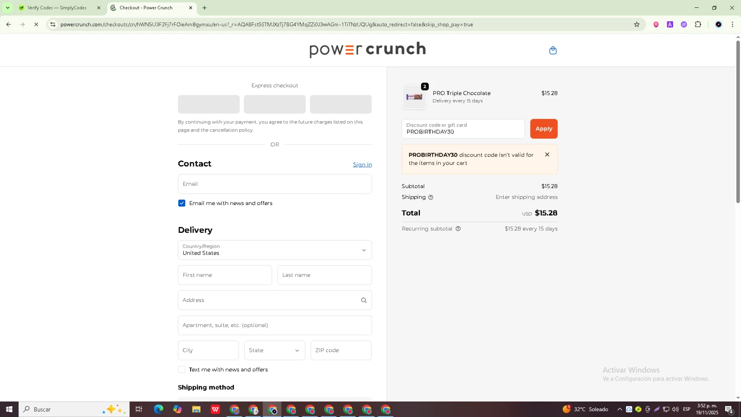 Power Crunch discount code screenshot showing code PROBIRTHDAY30 applied at Power Crunch checkout page. Uploaded by SimplyCodes community member GoldRanger7074 on Nov 19, 2025