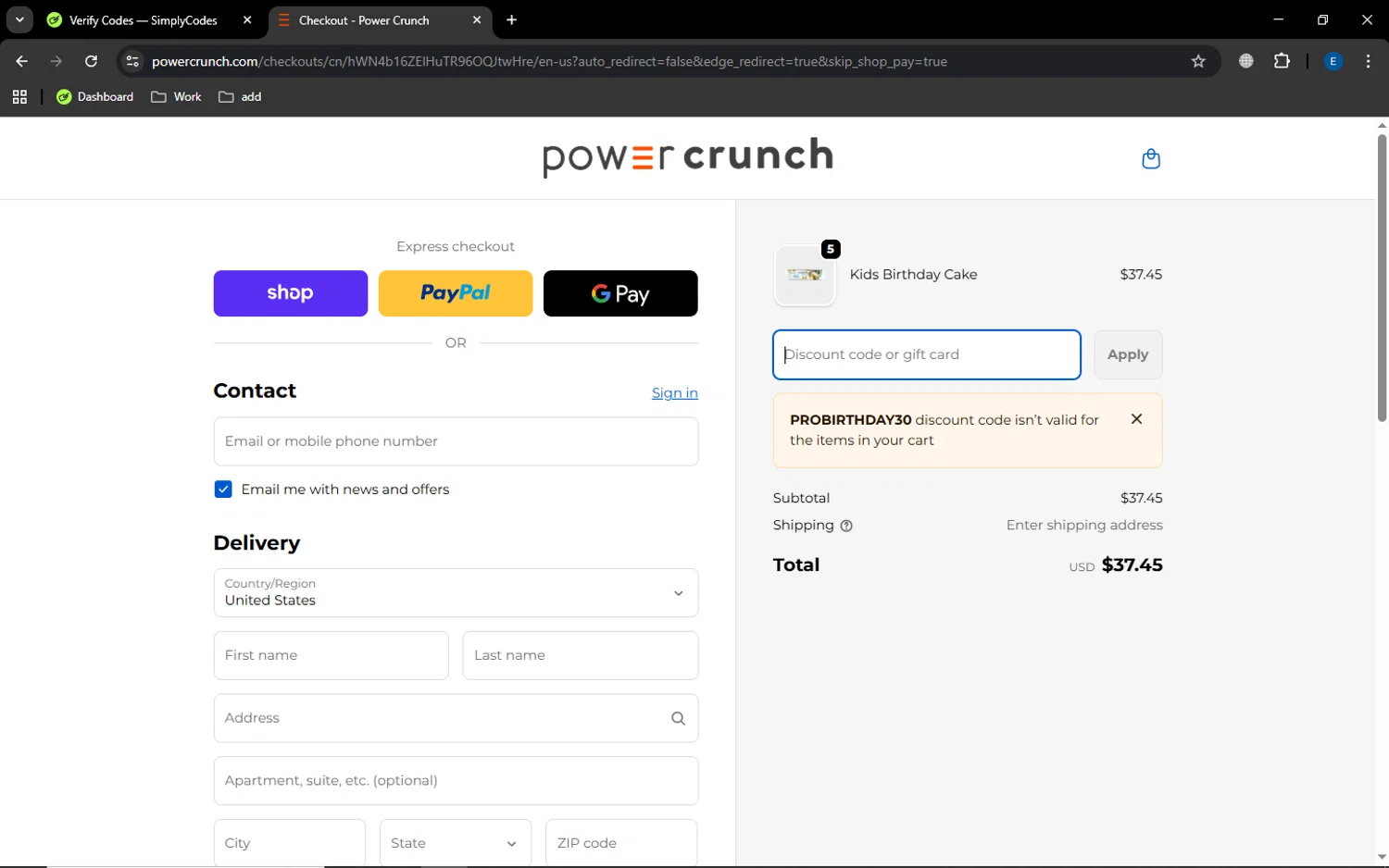 Power Crunch discount code screenshot showing code PROBIRTHDAY30 applied at Power Crunch checkout page. Uploaded by SimplyCodes community member GoldSaver5472 on Oct 27, 2025