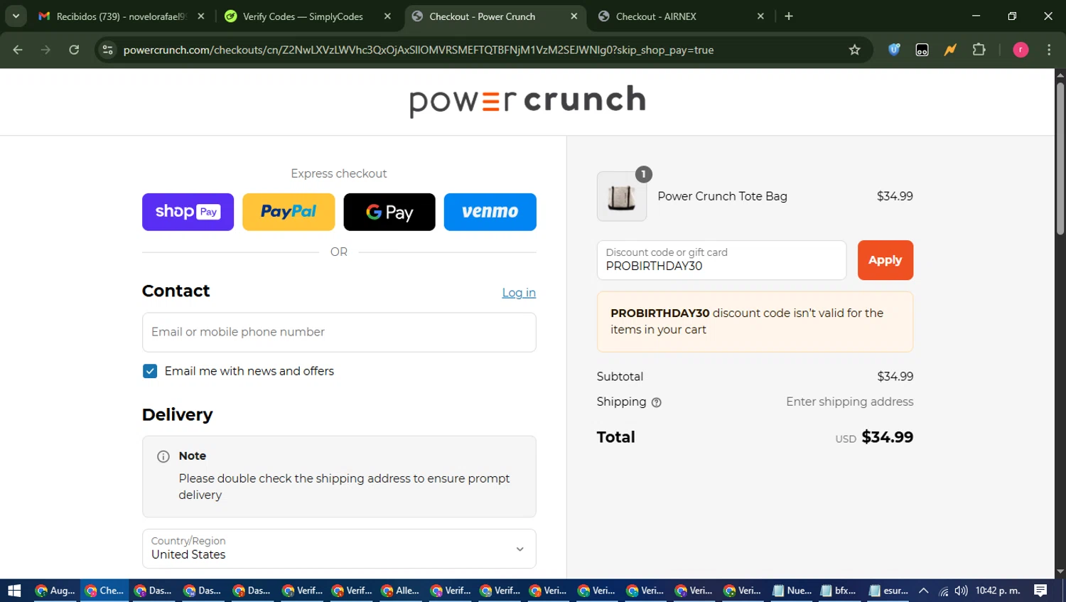 Power Crunch discount code screenshot showing code PROBIRTHDAY30 applied at Power Crunch checkout page. Uploaded by SimplyCodes community member WisePro3739 on Jun 26, 2025