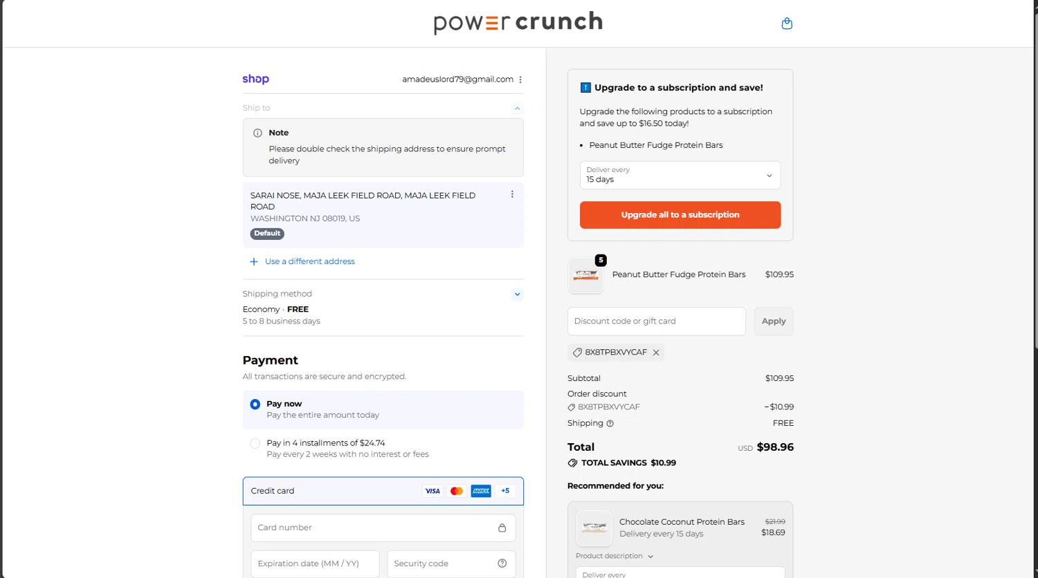 Power Crunch discount code screenshot showing code 8X8TPBXVYCAF applied at Power Crunch checkout page. Uploaded by SimplyCodes community member MrsPopo on Oct 3, 2025