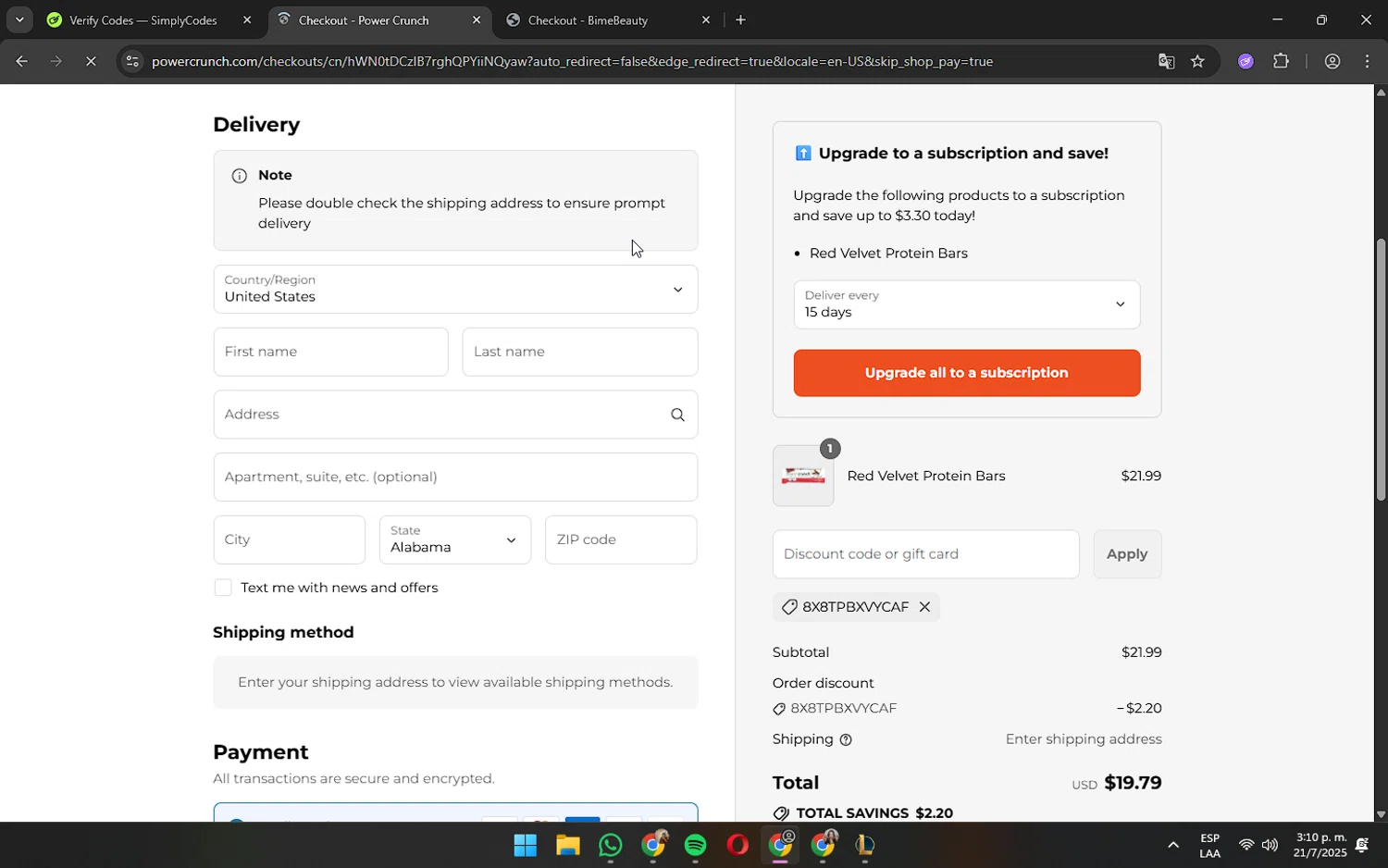 Power Crunch discount code screenshot showing code 8X8TPBXVYCAF applied at Power Crunch checkout page. Uploaded by SimplyCodes community member wednesday on Jul 21, 2025