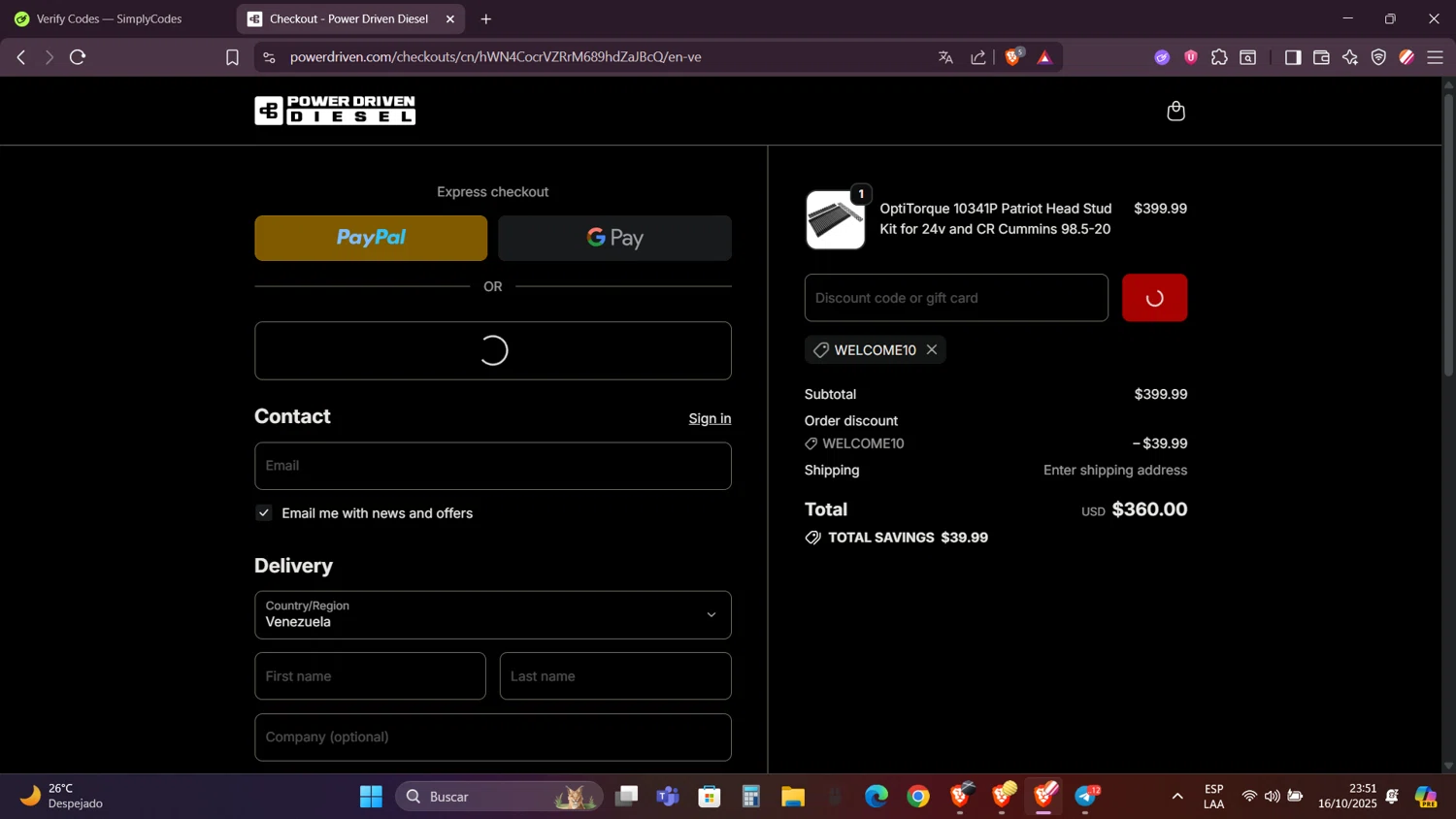Power Driven Diesel coupon code screenshot showing code WELCOME10 applied at Power Driven Diesel checkout page. Uploaded by SimplyCodes community member FortunateRanger1171 on Oct 17, 2025