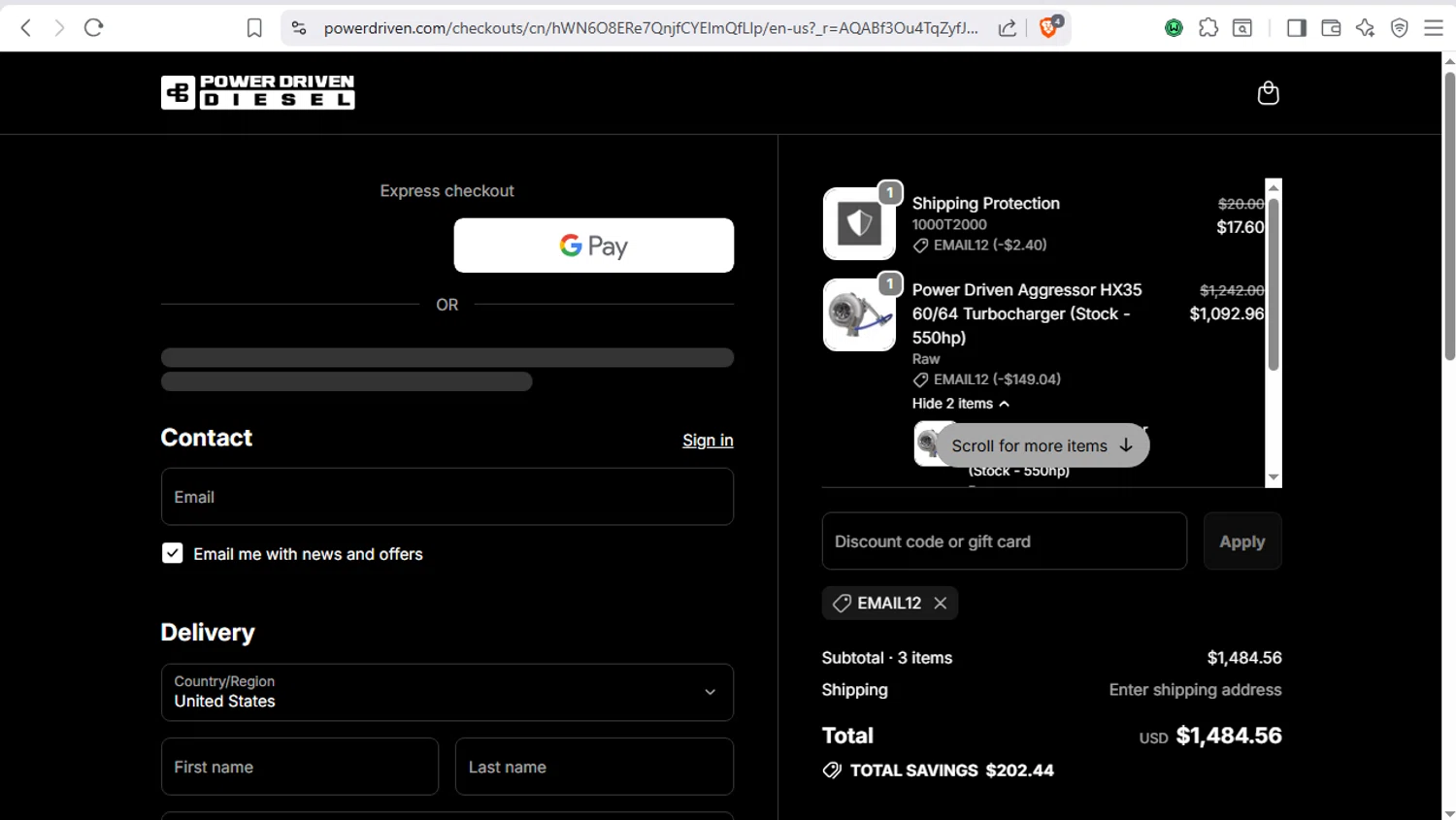 Power Driven Diesel coupon code screenshot showing code email12 applied at Power Driven Diesel checkout page. Uploaded by SimplyCodes community member dayselis15 on Dec 13, 2025