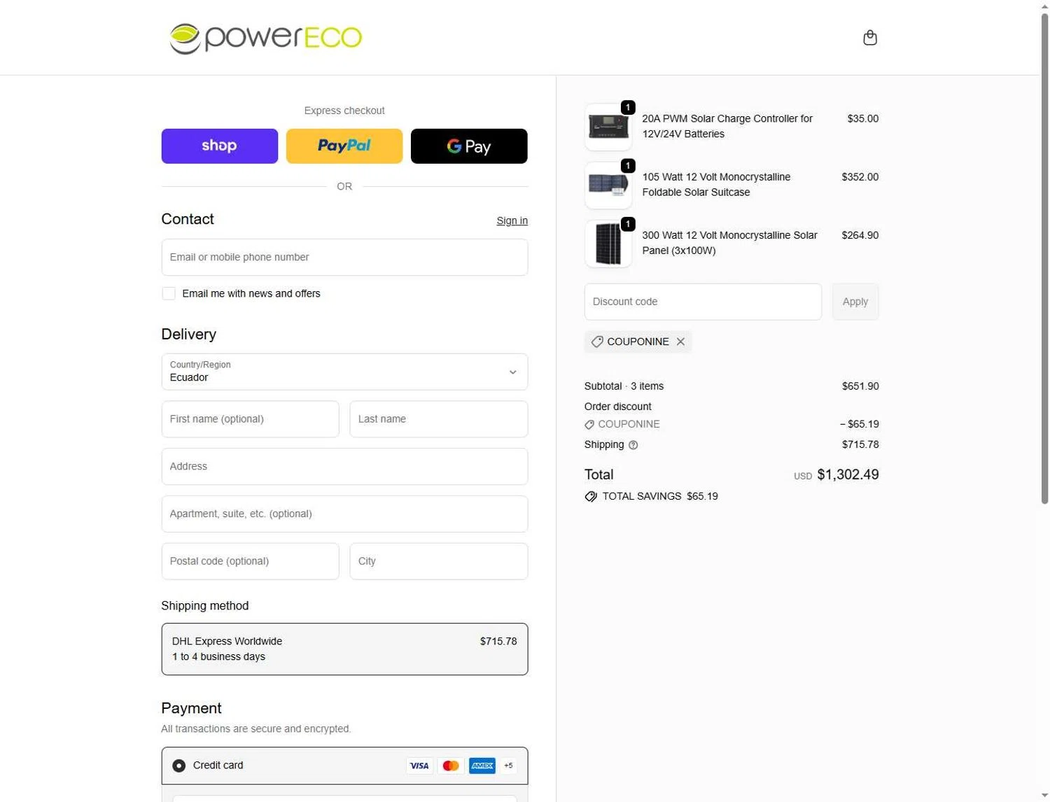 PowerECO promo code screenshot showing code COUPONINE applied at PowerECO checkout page. Uploaded by SimplyCodes community member Sksjsjss on May 31, 2026