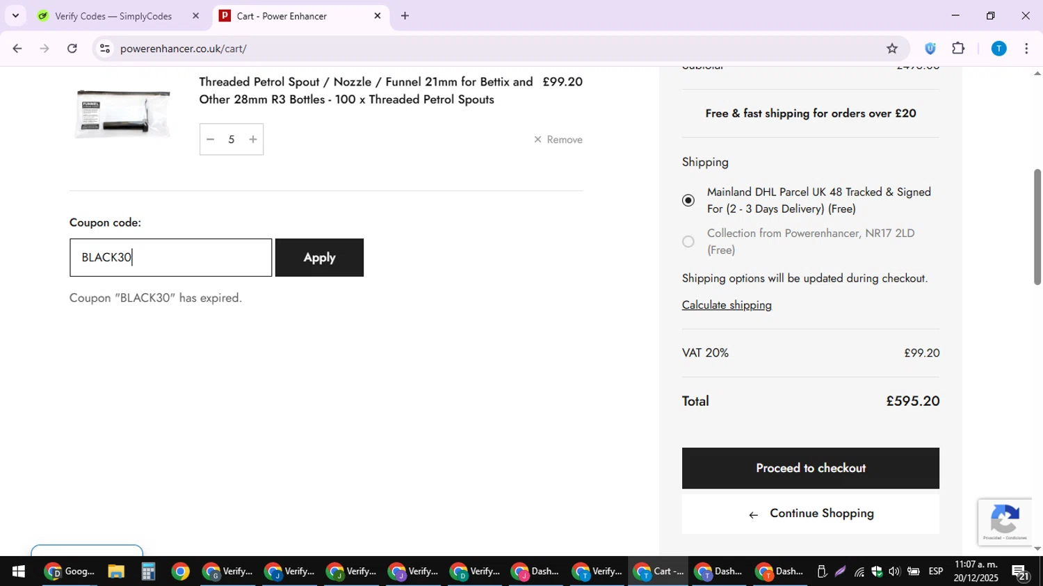 Powerenhancer promo code screenshot showing code BLACK30 applied at Powerenhancer checkout page. Uploaded by SimplyCodes community member LuckyPioneer4530 on Dec 20, 2025