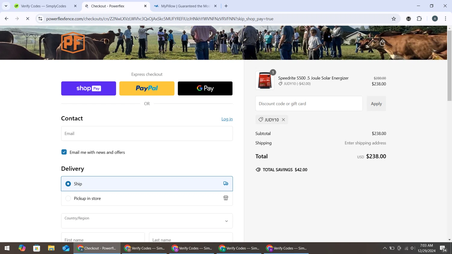 Powerflex promo code screenshot showing code JUDY10 applied at Powerflex checkout page. Uploaded by SimplyCodes community member BonusMonarch7015 on Dec 29, 2024