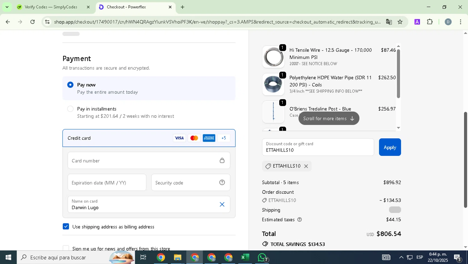 Powerflex promo code screenshot showing code ETTAHILLS10 applied at Powerflex checkout page. Uploaded by SimplyCodes community member DealExpert4491 on Oct 22, 2025