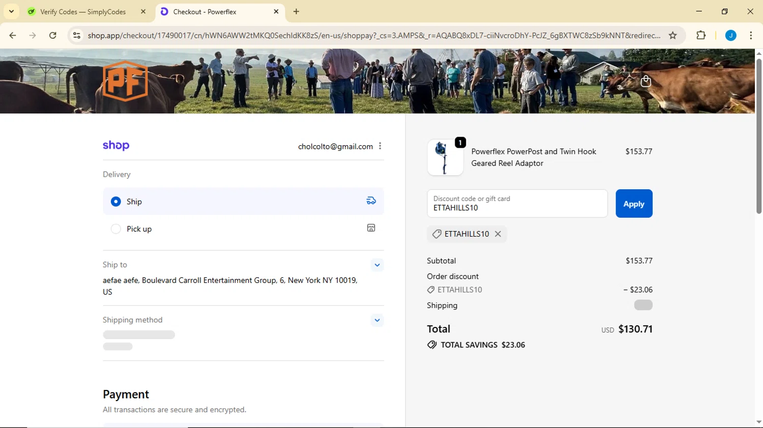 Powerflex promo code screenshot showing code ETTAHILLS10 applied at Powerflex checkout page. Uploaded by SimplyCodes community member Luisitoxd12 on Dec 7, 2025