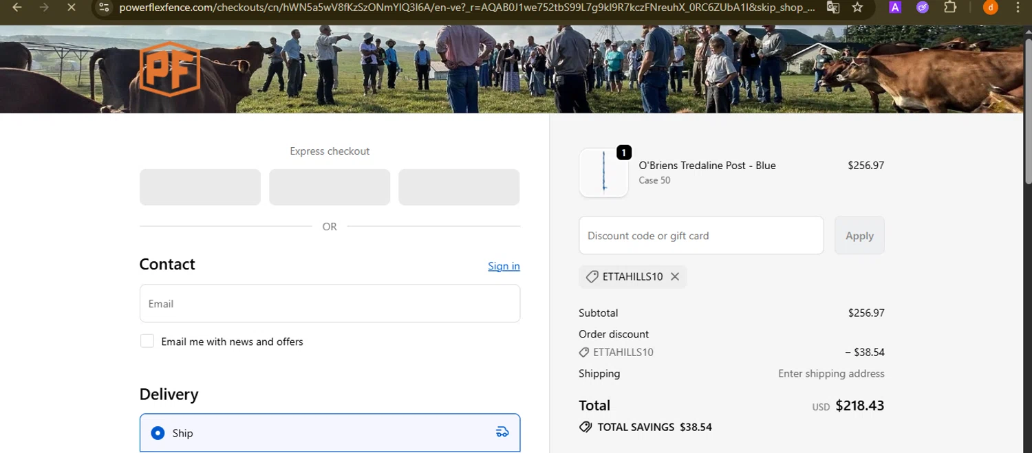 Powerflex promo code screenshot showing code ETTAHILLS10 applied at Powerflex checkout page. Uploaded by SimplyCodes community member PennyAdmiral6960 on Nov 22, 2025