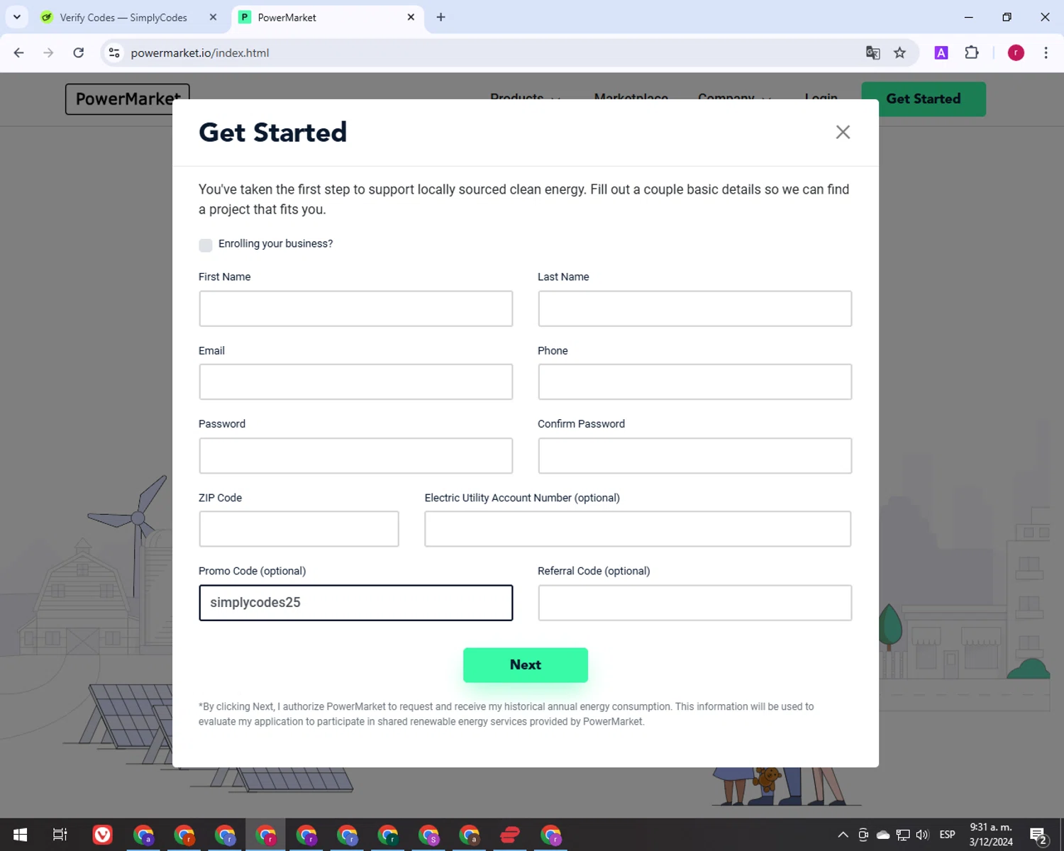 PowerMarket checkout page showing PowerMarket promo code box | Screenshot taken by SimplyCodes community member on Dec 3, 2024