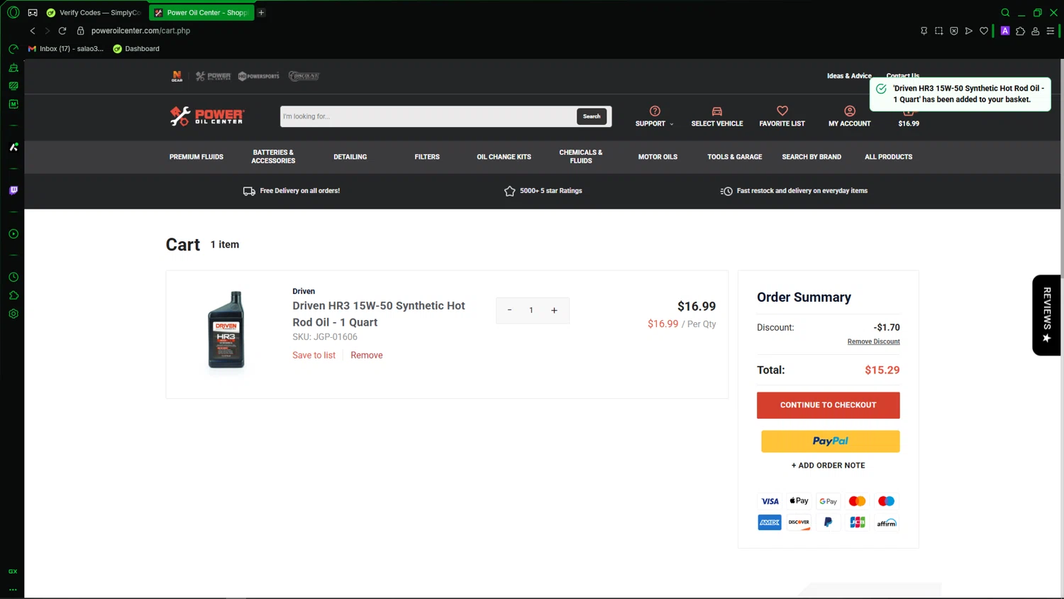 Power Oil Center promo code screenshot showing code POWER10 applied at Power Oil Center checkout page. Uploaded by SimplyCodes community member LegendaryCaptain2435 on Jun 6, 2025