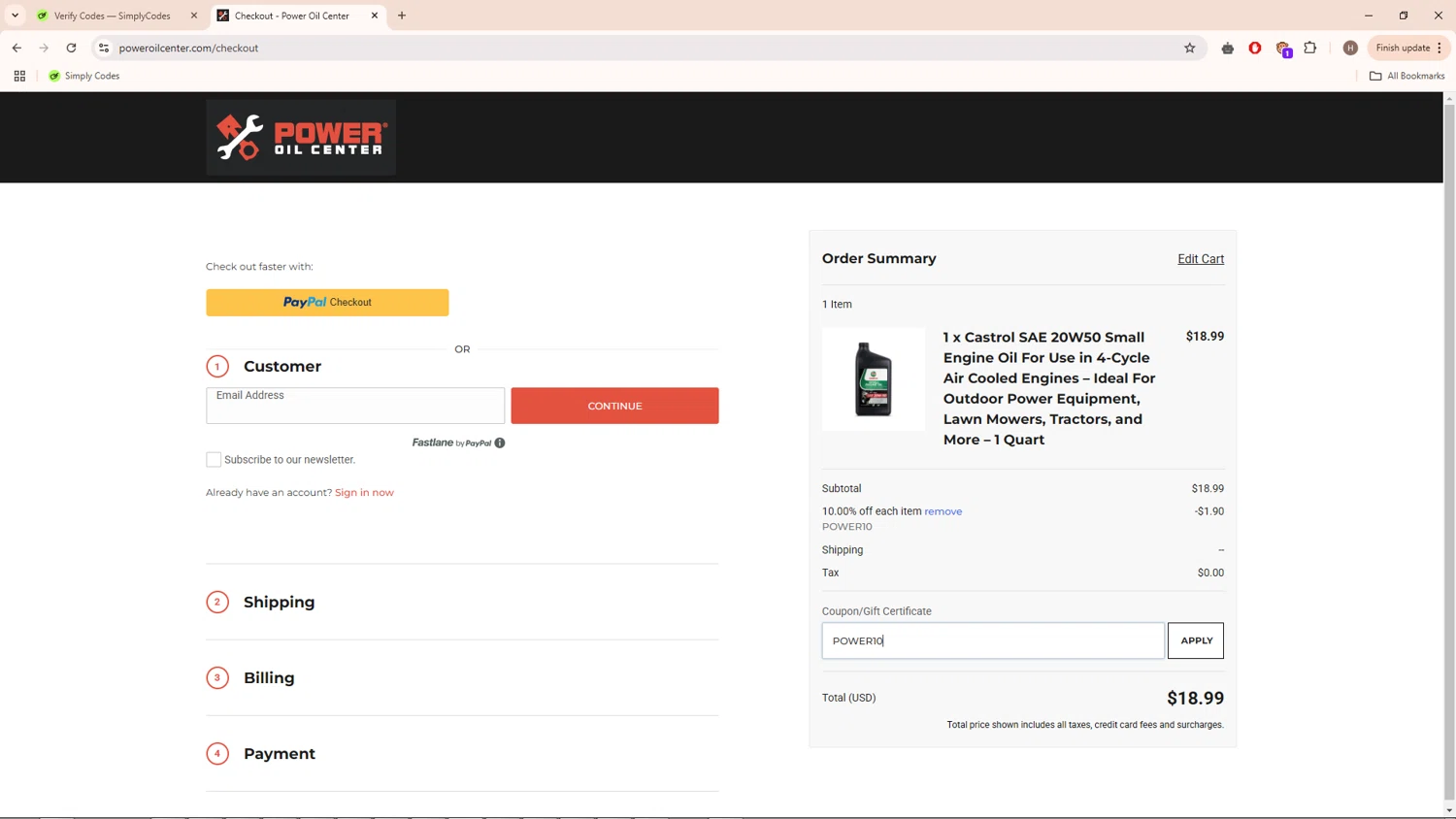Power Oil Center promo code screenshot showing code POWER10 applied at Power Oil Center checkout page. Uploaded by SimplyCodes community member PrimeMaverick7854 on Jan 27, 2025