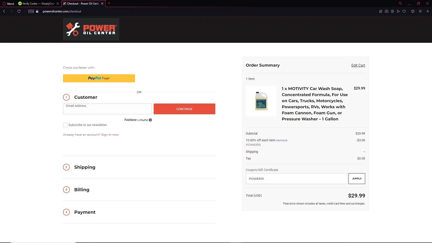 Power Oil Center promo code screenshot showing code POWER10 applied at Power Oil Center checkout page. Uploaded by SimplyCodes community member CleverAdmiral2537 on Jan 27, 2025