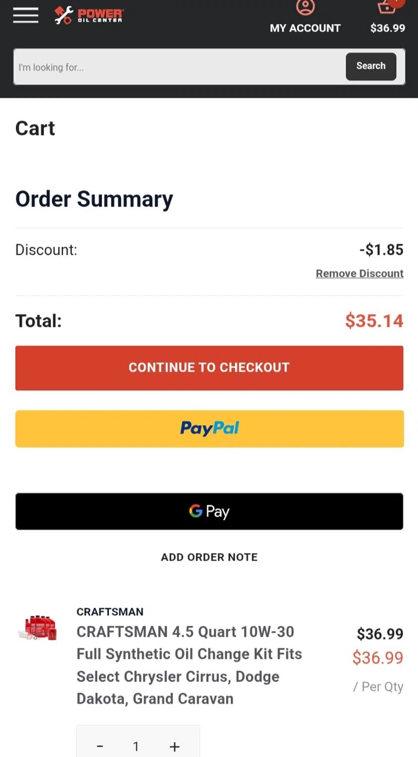 Power Oil Center promo code screenshot showing code POWEROIL5 applied at Power Oil Center checkout page. Uploaded by SimplyCodes community member Kaylaytone on May 9, 2025