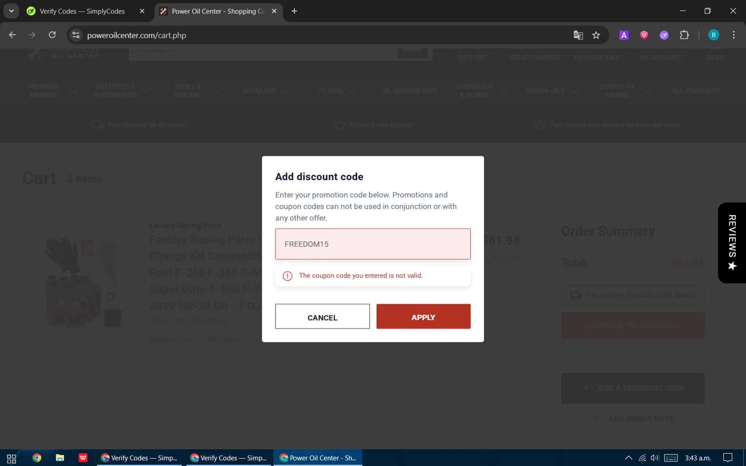 Power Oil Center promo code screenshot showing code FREEDOM15 applied at Power Oil Center checkout page. Uploaded by SimplyCodes community member CleverPilot5845 on Jul 31, 2025