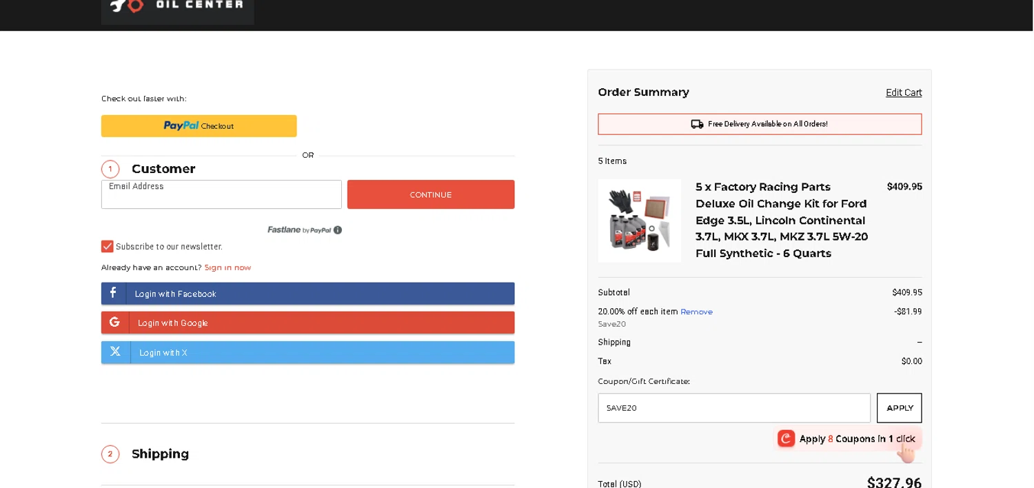 Power Oil Center promo code screenshot showing code SAVE20 applied at Power Oil Center checkout page. Uploaded by SimplyCodes community member MagnificentCurator5441 on Aug 2, 2025