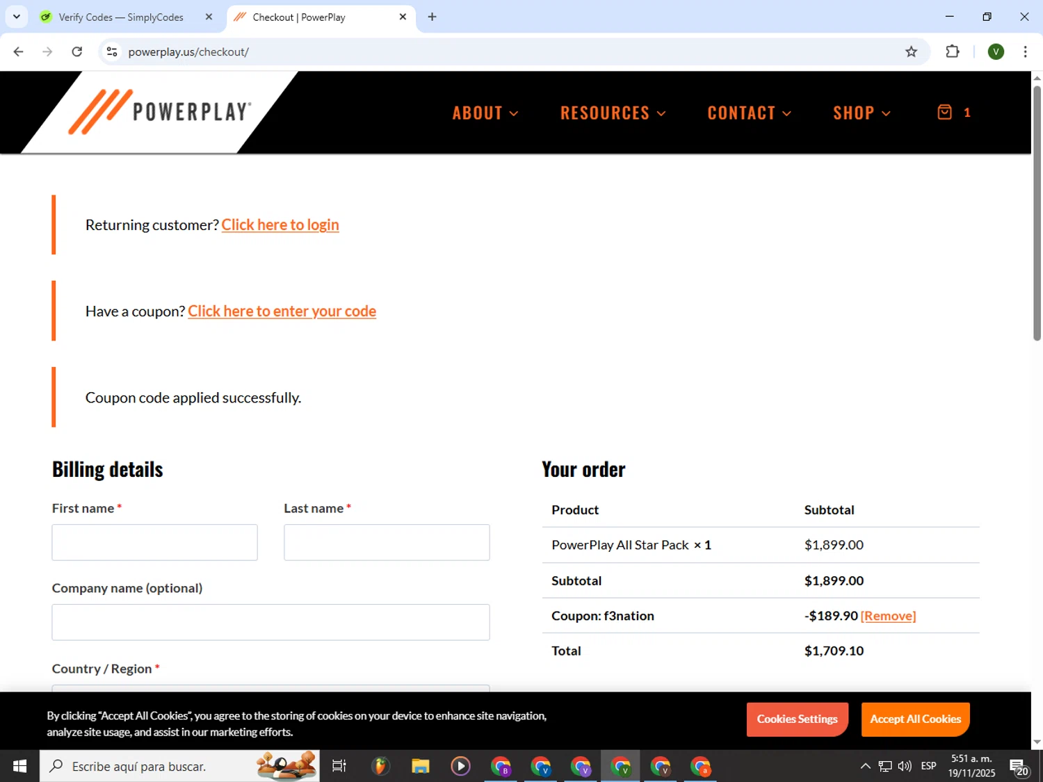 PowerPlay promo code screenshot showing code F3NATION applied at PowerPlay checkout page. Uploaded by SimplyCodes community member PrimeWizard4168 on Nov 19, 2025
