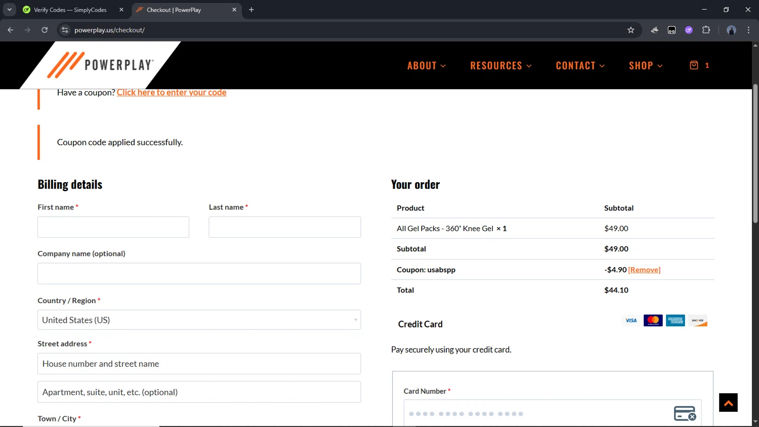 PowerPlay promo code screenshot showing code USABSPP applied at PowerPlay checkout page. Uploaded by SimplyCodes community member Time_sin_filtro on Jul 19, 2025