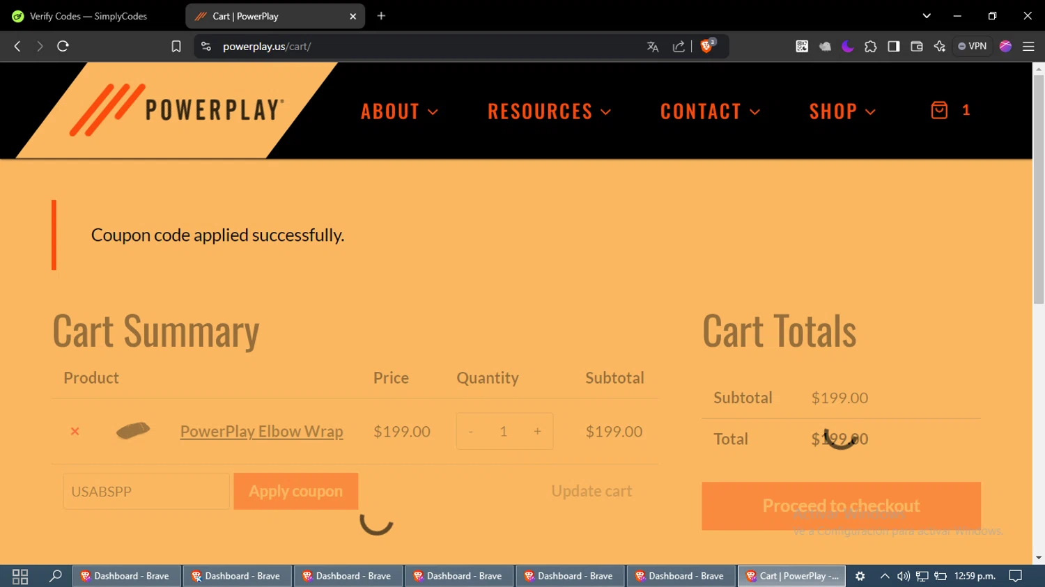 PowerPlay promo code screenshot showing code USABSPP applied at PowerPlay checkout page. Uploaded by SimplyCodes community member maximoarquimedes on Dec 31, 2024