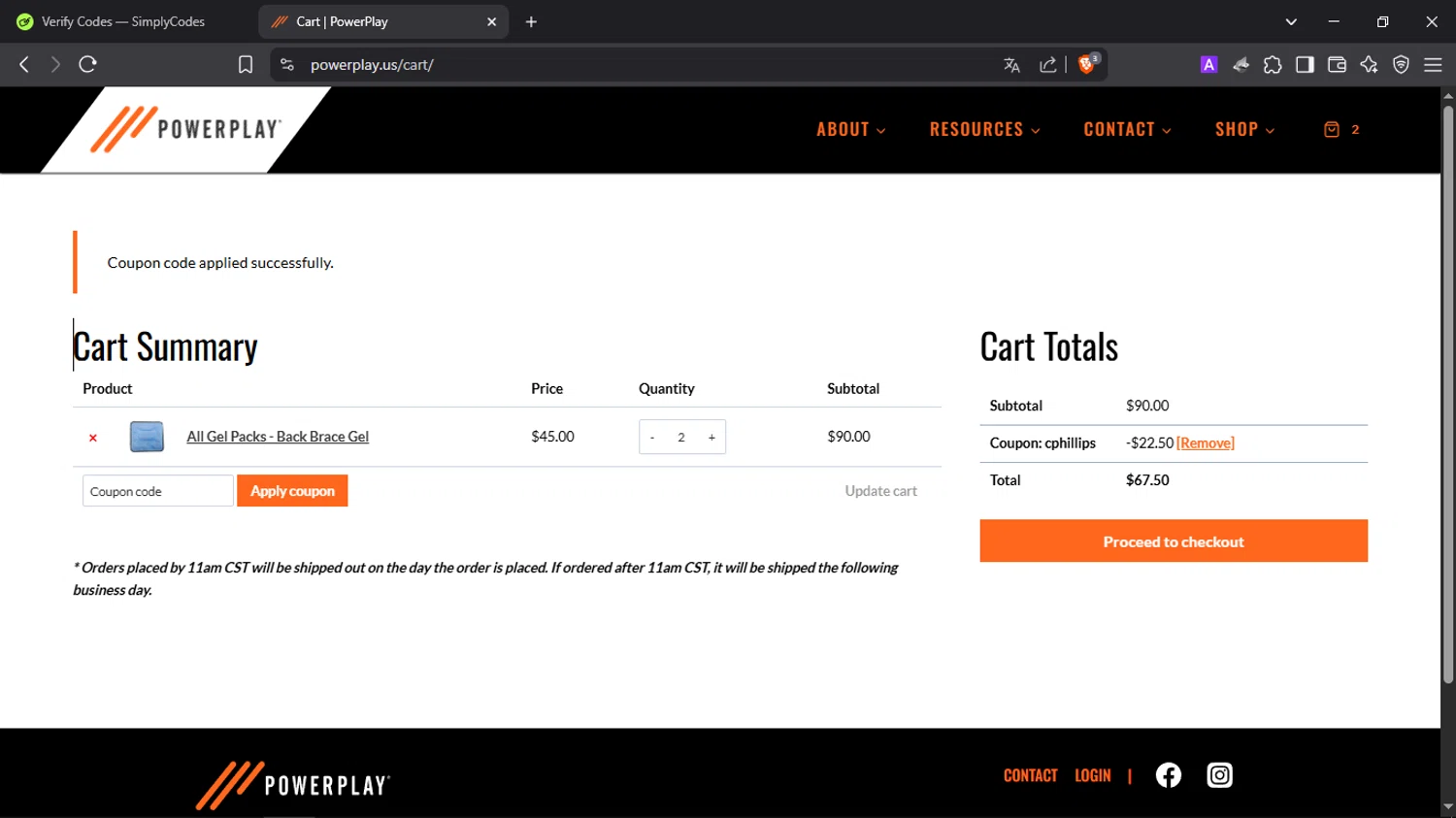 PowerPlay promo code screenshot showing code CPHILLIPS applied at PowerPlay checkout page. Uploaded by SimplyCodes community member SmartScholar9589 on Apr 20, 2025