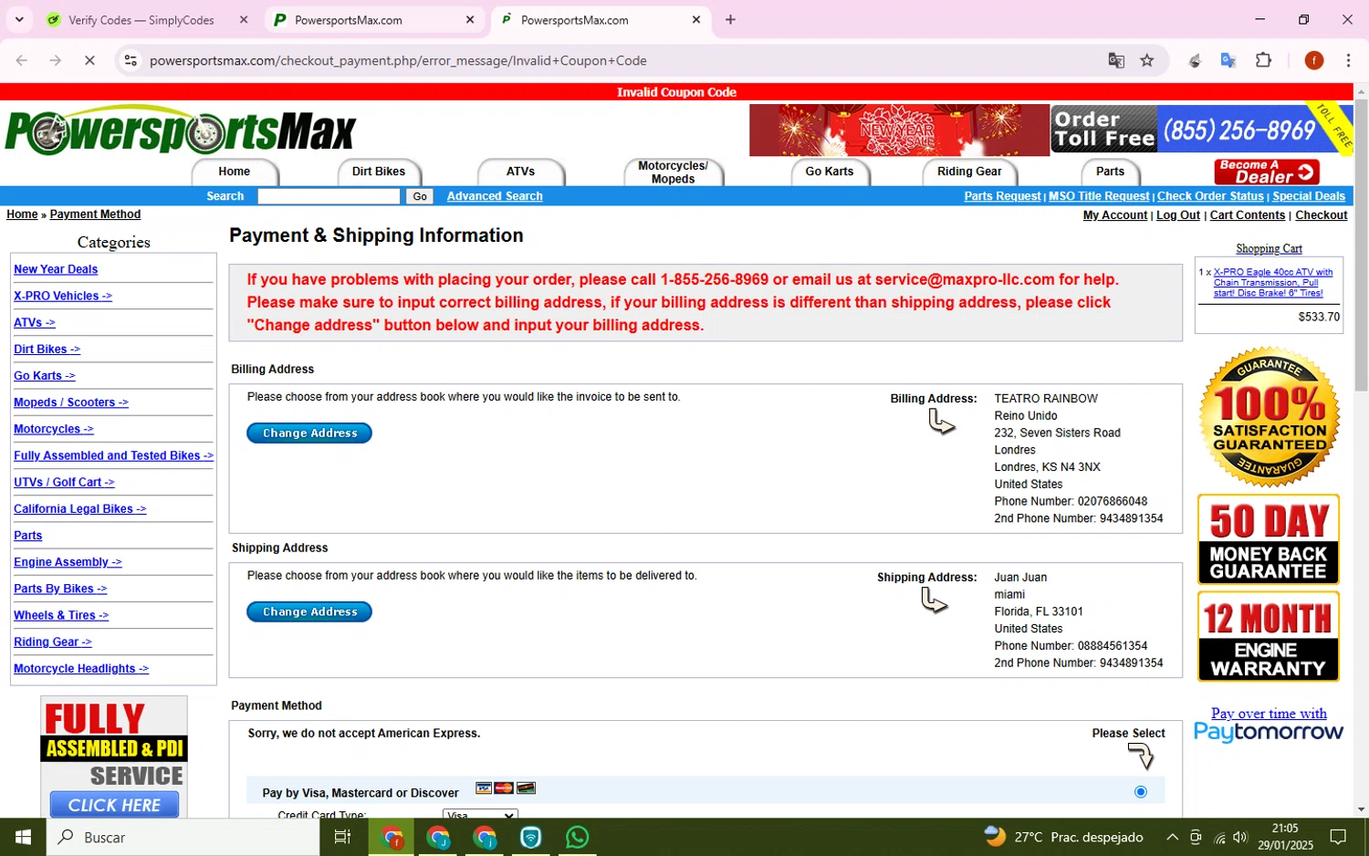 PowersportsMax.com promo code screenshot showing code SAVE15 applied at PowersportsMax.com checkout page. Uploaded by SimplyCodes community member Collug on Jan 30, 2025