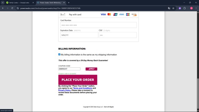 Power Swabs checkout page showing Power Swabs coupon code box | Screenshot taken by SimplyCodes community member on Jul 16, 2025