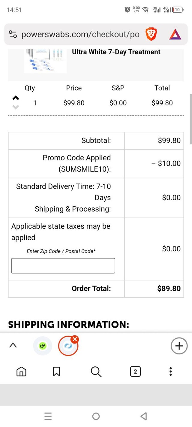 Power Swabs checkout page showing Power Swabs coupon code box | Screenshot taken by SimplyCodes community member on Aug 8, 2025